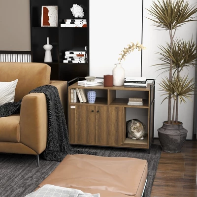 PawHut Hidden Cat Litter Box Enclosure With Scratching Pad, Cat Washroom Storage Bench Side End Table With Double Doors, Brown 2 PawHut Hidden Cat Litter Box Enclosure With Scratching Pad, Cat Washroom Storage Bench Side End Table With Double Doors, Brown - Image 2