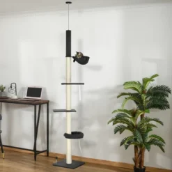 PawHut Floor To Ceiling Cat Tree, 5-Tier Cat Climbing Tower, 95''-106'' Height With Bed, Hammock, Scratching Post For Indoor Cats, Black And Cream