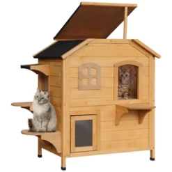 PawHut Wooden 2-Story Outdoor Cat House, Feral Cat Shelter Kitten Condo With Escape Door, Openable Asphalt Roof And 4 Platforms -PawHut Sales Store GUEST 0a84fa86 3e50 4614 875a fb6d19d619ed