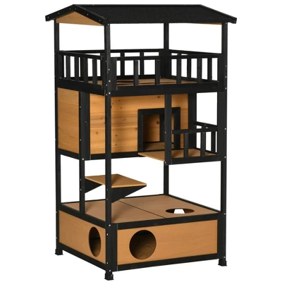PawHut Wooden Outdoor Cat House, Feral Cat Shelter Kitten Tree With Asphalt Roof, Escape Doors, Condo, Jumping Platform 9 PawHut Wooden Outdoor Cat House, Feral Cat Shelter Kitten Tree With Asphalt Roof, Escape Doors, Condo, Jumping Platform - Image 9
