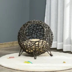 PawHut 20.5" Rattan Cat Bed, Kitten House, Elevated Round Condo For Comfort And Circulation With Cushion, Round Design -PawHut Sales Store GUEST 1404d4c3 40a8 47ea 80f1 c52681d30e56