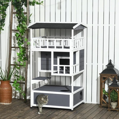 PawHut Wooden Outdoor Cat House, Feral Cat Shelter Kitten Tree With Asphalt Roof, Escape Doors, Condo, Jumping Platform 1 PawHut Wooden Outdoor Cat House, Feral Cat Shelter Kitten Tree With Asphalt Roof, Escape Doors, Condo, Jumping Platform
