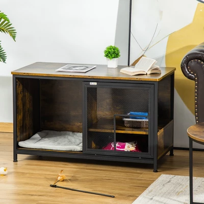 PawHut Cat Kennel, Wood & Steel End Table Style With Cushion & Sliding Doors, Pet Kitten Crate, Elevated Indoor Small Animal Cage, Rustic Brown 1 PawHut Cat Kennel, Wood & Steel End Table Style With Cushion & Sliding Doors, Pet Kitten Crate, Elevated Indoor Small Animal Cage, Rustic Brown