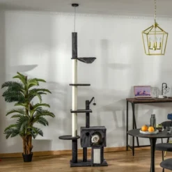 PawHut 106" Huge Cat Tree Kitty Activity Center Floor-to-Ceiling Cat Climbing Toy With Scratching Post Board Hammock Hanging Ball Dark Gray