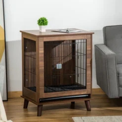 PawHut Wooden Dog Kennel, End Table Furniture With Lockable Doors, Small Size Pet Crate Indoor Animal Cage, Brown