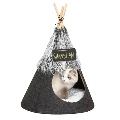 PawHut Pet Teepee Tent Cat Bed Dog House With Thick Cushion Chalkboard For Kitten And Puppy Up To 13lbs 28inch Gray 3 PawHut Pet Teepee Tent Cat Bed Dog House With Thick Cushion Chalkboard For Kitten And Puppy Up To 13lbs 28inch Gray - Image 3