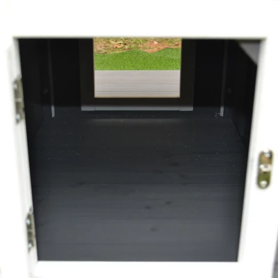 PawHut Wooden Wooden Cat House Feral Cat Shelter Kitten Condo With Escape Door, Porch And Flower Stand - Dark Gray/White 6 PawHut Wooden Wooden Cat House Feral Cat Shelter Kitten Condo With Escape Door, Porch And Flower Stand - Dark Gray/White - Image 6