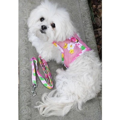 Doggie Design Cool Mesh Hawaiian Floral Dog Harness With Leash - Pink 2 Doggie Design Cool Mesh Hawaiian Floral Dog Harness With Leash - Pink - Image 2