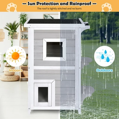 Costway 2-Tier Wooden Cat House Outdoor Kitty Shelter W/ Escape Door Rainproof 5 Costway 2-Tier Wooden Cat House Outdoor Kitty Shelter W/ Escape Door Rainproof - Image 5