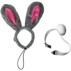 Midlee Easter Bunny Gray & Pink Rabbit Ears For Large Dogs Headband With Tail
