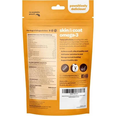 Ready Pet Go Skin & Coat Omega-3 Health Chews, Nourishing Omega-3 Fish Oil For Dogs Skin & Coat And Heart & Joint Support, Fish & Cheese Flavor, 90ct 1 Ready Pet Go Skin & Coat Omega-3 Health Chews, Nourishing Omega-3 Fish Oil For Dogs Skin & Coat And Heart & Joint Support, Fish & Cheese Flavor, 90ct