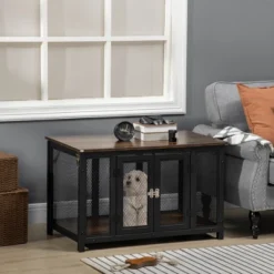 PawHut Furniture Style Dog Crate With Openable Top, Big Dog Crate End Table, Puppy Crate For Medium Dogs, Spacious Interior, Pet Kennel, Brown, Black