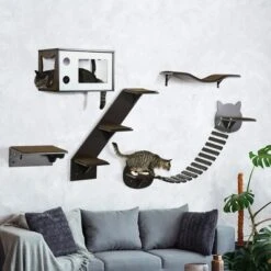 PawHut Unique Cat Tree Made From Cat Shelves With Cozy Cat House, Bridge, & More, Wall-Mounted Cat Tree Climbing Playground, Modern Cat Tree