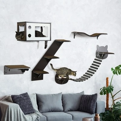 PawHut Unique Cat Tree Made From Cat Shelves With Cozy Cat House, Bridge, & More, Wall-Mounted Cat Tree Climbing Playground, Modern Cat Tree 1 PawHut Unique Cat Tree Made From Cat Shelves With Cozy Cat House, Bridge, & More, Wall-Mounted Cat Tree Climbing Playground, Modern Cat Tree