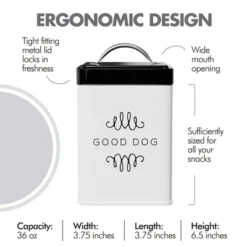 Amici Pet Treat Good Dog Metal Storage Canister, 36 Oz. , White W/ Black Lid