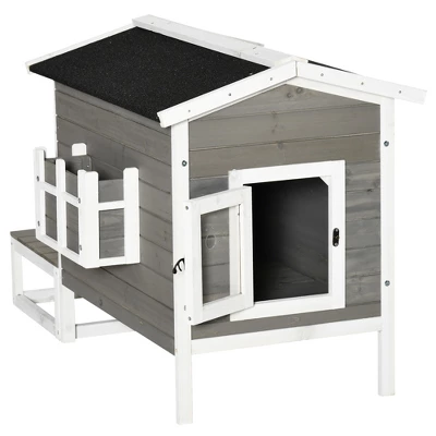 PawHut Wooden Wooden Cat House Feral Cat Shelter Kitten Condo With Escape Door, Porch And Flower Stand - Dark Gray/White 3 PawHut Wooden Wooden Cat House Feral Cat Shelter Kitten Condo With Escape Door, Porch And Flower Stand - Dark Gray/White - Image 3