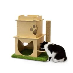 On2Pets Cat Loft With Scratching Post & Feeder Station - Beige