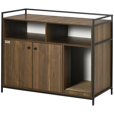 PawHut Hidden Cat Litter Box Enclosure With Scratching Pad, Cat Washroom Storage Bench Side End Table With Double Doors, Brown 3 PawHut Hidden Cat Litter Box Enclosure With Scratching Pad, Cat Washroom Storage Bench Side End Table With Double Doors, Brown - Image 3