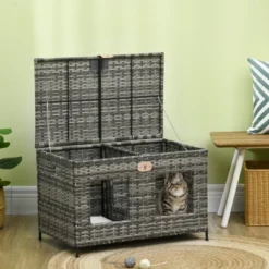 PawHut Rattan Cat Bed With Removable Divider, Double-Room Wicker Cat Beds For Indoor Cats, Pet Furniture For 2 Cats, Cushions, Outdoor Indoor, Gray