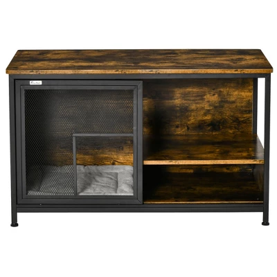 PawHut Cat Kennel, Wood & Steel End Table Style With Cushion & Sliding Doors, Pet Kitten Crate, Elevated Indoor Small Animal Cage, Rustic Brown 3 PawHut Cat Kennel, Wood & Steel End Table Style With Cushion & Sliding Doors, Pet Kitten Crate, Elevated Indoor Small Animal Cage, Rustic Brown - Image 3