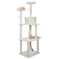 Pet Adobe Multilevel Cat Tree House With Hanging Rope - Ivory