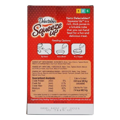 Delectables Squeeze Up Tube With Vegetable, Chicken And Tuna Flavor Cat Treats - 20ct/12.96oz 1 Delectables Squeeze Up Tube With Vegetable, Chicken And Tuna Flavor Cat Treats - 20ct/12.96oz