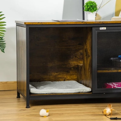 PawHut Cat Kennel, Wood & Steel End Table Style With Cushion & Sliding Doors, Pet Kitten Crate, Elevated Indoor Small Animal Cage, Rustic Brown 5 PawHut Cat Kennel, Wood & Steel End Table Style With Cushion & Sliding Doors, Pet Kitten Crate, Elevated Indoor Small Animal Cage, Rustic Brown - Image 5