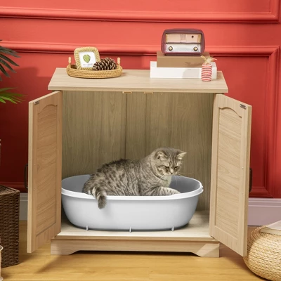 PawHut Hidden Litter Box Enclosure Cat Washroom Furniture With Cushion Double Doors Wooden Pet House End Table, Oak 1 PawHut Hidden Litter Box Enclosure Cat Washroom Furniture With Cushion Double Doors Wooden Pet House End Table, Oak