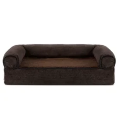 FurHaven Faux Fleece And Chenille Cooling Gel Memory Foam Sofa Dog Bed
