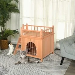 PawHut 2-Level Elevated Waterproof Outdoor Wooden Treehouse Cat Shelter With Balcony