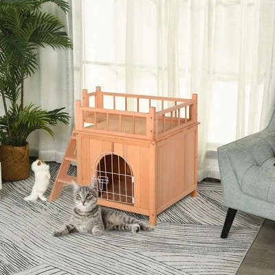 PawHut 2-Level Elevated Waterproof Outdoor Wooden Treehouse Cat Shelter With Balcony 1 PawHut 2-Level Elevated Waterproof Outdoor Wooden Treehouse Cat Shelter With Balcony