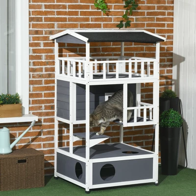 PawHut Wooden Outdoor Cat House, Feral Cat Shelter Kitten Tree With Asphalt Roof, Escape Doors, Condo, Jumping Platform 2 PawHut Wooden Outdoor Cat House, Feral Cat Shelter Kitten Tree With Asphalt Roof, Escape Doors, Condo, Jumping Platform - Image 2