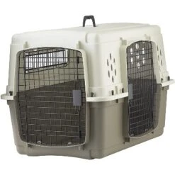 Miller Manufacturing Company Portable Plastic Hard Sided Pet Travel Crate Carrier Kennel W/ Double Doors For Dogs, Rabbits, & Animals, Beige & Taupe