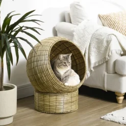 PawHut Cat Basket Bed With Cat Egg Chair Shape, Woven Elevated Cat Bed Kitty House, Raised Wicker Cat Bed For Indoor Cats, 20" Dia. X 23.5" H, Yellow