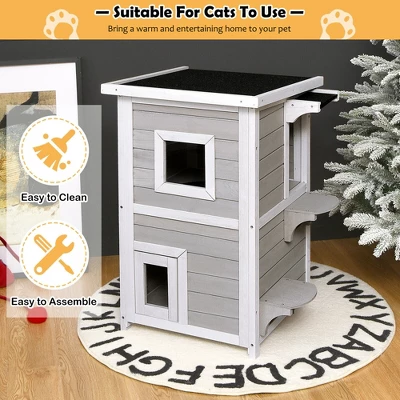 Costway 2-Tier Wooden Cat House Outdoor Kitty Shelter W/ Escape Door Rainproof 4 Costway 2-Tier Wooden Cat House Outdoor Kitty Shelter W/ Escape Door Rainproof - Image 4