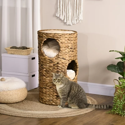 PawHut Elevated Cat Bed With Three Hideaways & Four Soft Plush Cushions, Cat Tower With Hand-Woven Materials, Multi-Layer Raised Kitten Bed Caves 1 PawHut Elevated Cat Bed With Three Hideaways & Four Soft Plush Cushions, Cat Tower With Hand-Woven Materials, Multi-Layer Raised Kitten Bed Caves
