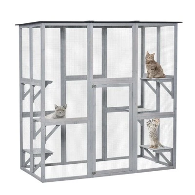 PawHut Large Wooden Outdoor Cat House Catio Enclosure, Kitten Cage With Weather Protection, Cat Patio With 6 Platforms - 71"L 3 PawHut Large Wooden Outdoor Cat House Catio Enclosure, Kitten Cage With Weather Protection, Cat Patio With 6 Platforms - 71"L - Image 3