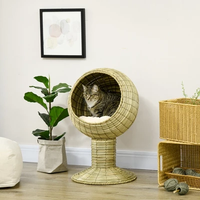 PawHut Elevated Cat Bed With Rotatable Egg Chair Pod, Cat Basket Bed With Thick Cushion, Natural Mat Grass Woven Kitty House 2 PawHut Elevated Cat Bed With Rotatable Egg Chair Pod, Cat Basket Bed With Thick Cushion, Natural Mat Grass Woven Kitty House - Image 2