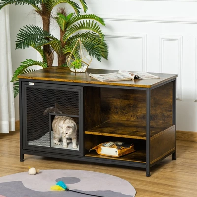 PawHut Cat Kennel, Wood & Steel End Table Style With Cushion & Sliding Doors, Pet Kitten Crate, Elevated Indoor Small Animal Cage, Rustic Brown 2 PawHut Cat Kennel, Wood & Steel End Table Style With Cushion & Sliding Doors, Pet Kitten Crate, Elevated Indoor Small Animal Cage, Rustic Brown - Image 2