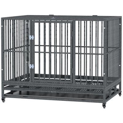 PawHut Heavy Duty Dog Crate Dog Cage Kennel With Lockable Wheels, Double Door And Removable Tray, Grey 3 PawHut Heavy Duty Dog Crate Dog Cage Kennel With Lockable Wheels, Double Door And Removable Tray, Grey - Image 3