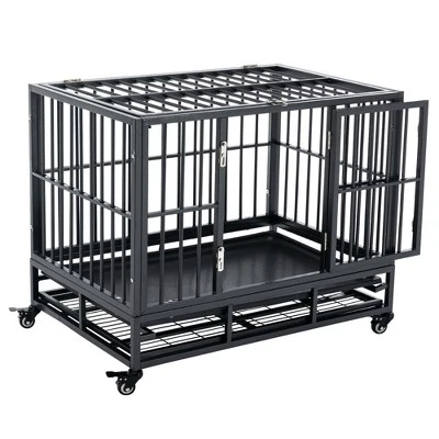 PawHut Heavy Duty Dog Crate Dog Cage Kennel With Lockable Wheels, Double Door And Removable Tray, Grey 9 PawHut Heavy Duty Dog Crate Dog Cage Kennel With Lockable Wheels, Double Door And Removable Tray, Grey - Image 9