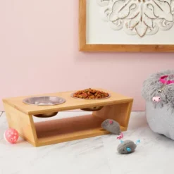 Zodaca 3 Piece Cat And Dog Pet Food Bowl Set, Elevated Bamboo Stand, 2 Bowls, 4.5 X 13 In