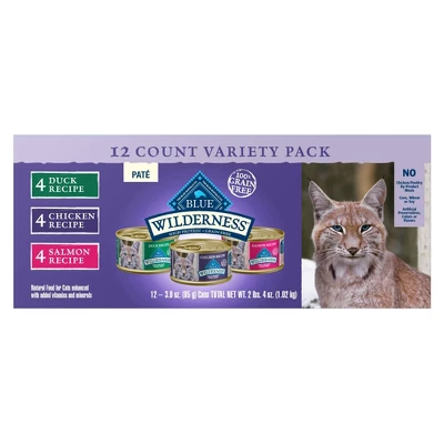 Blue Buffalo Wilderness High Protein, Natural Adult Pate Wet Cat Food Variety Pack With Chicken, Salmon, Duck Flavor - 3oz/12ct 1 Blue Buffalo Wilderness High Protein, Natural Adult Pate Wet Cat Food Variety Pack With Chicken, Salmon, Duck Flavor - 3oz/12ct