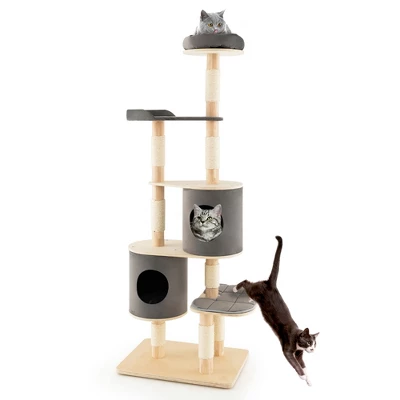 Costway 75'' Multi-layer Wooden Cat Tree Indoor Tower Activity Play Center With 2 Condos 11 Costway 75'' Multi-layer Wooden Cat Tree Indoor Tower Activity Play Center With 2 Condos - Image 11