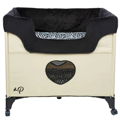Petique Bedside Lounge 2 Level Foldable Wheeled Pet Bunk Bed & Cot W/ 2 Memory Foam Mattresses, Machine Washable Covers, & Travel Bag, Zebra Vibes 1 Petique Bedside Lounge 2 Level Foldable Wheeled Pet Bunk Bed & Cot W/ 2 Memory Foam Mattresses, Machine Washable Covers, & Travel Bag, Zebra Vibes