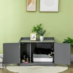 PawHut Hidden Litter Box Enclosure Indoor Pet House With Storage, Adjustable Divider