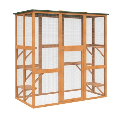 PawHut Large Wooden Outdoor Cat House Catio Enclosure, Kitten Cage With Weather Protection, Cat Patio With 6 Platforms - 71"L 7 PawHut Large Wooden Outdoor Cat House Catio Enclosure, Kitten Cage With Weather Protection, Cat Patio With 6 Platforms - 71"L - Image 7
