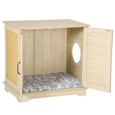 PawHut Hidden Litter Box Enclosure Cat Washroom Furniture With Cushion Double Doors Wooden Pet House End Table, Oak 4 PawHut Hidden Litter Box Enclosure Cat Washroom Furniture With Cushion Double Doors Wooden Pet House End Table, Oak - Image 4