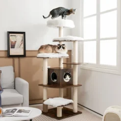 Costway Wooden Cat Tree 71'' 7-Layer Cat Tower With Sisal Scratching Posts Perch & Cushions Brown/Natural