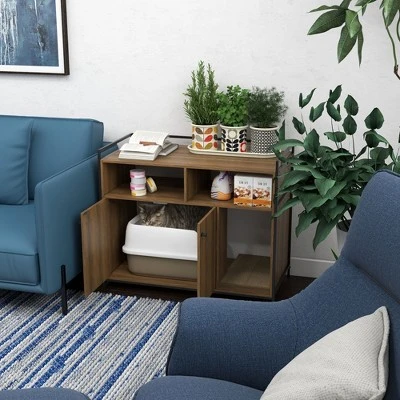 PawHut Hidden Cat Litter Box Enclosure With Scratching Pad, Cat Washroom Storage Bench Side End Table With Double Doors, Brown 1 PawHut Hidden Cat Litter Box Enclosure With Scratching Pad, Cat Washroom Storage Bench Side End Table With Double Doors, Brown